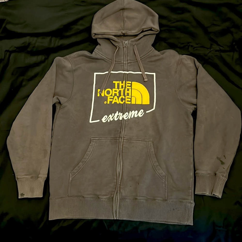 North Face Extreme Zip-Up Hoodie Men’s Large Brown with Black Paint Stains